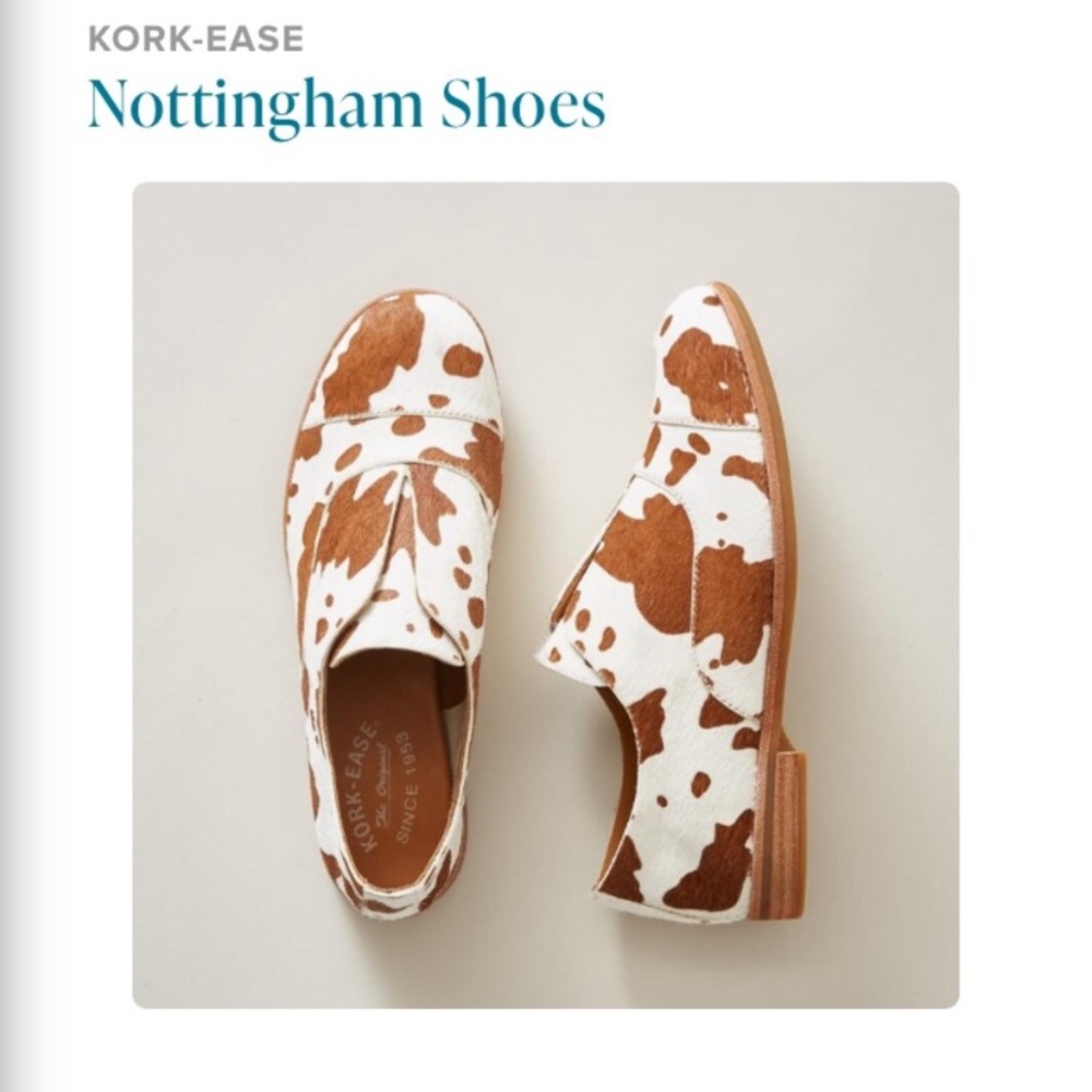Anthropologie Kork Ease Nottingham Cow print Calfhair Oxford slip on size 8.5